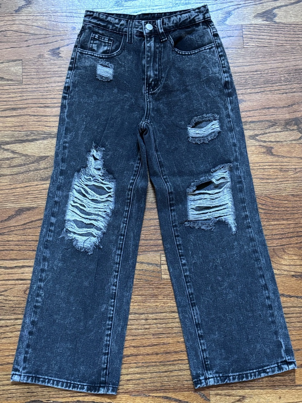 High-Waist Distressed Black Straight-Leg Jeans